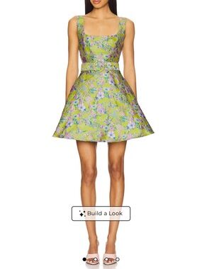 Elliatt Lime Floral Square-Neck Belted Mini Dress
